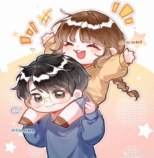 Chibi chàng cõng nàng, cả hai cười tươi, kiểu yêu nhau vô tư, trẻ con dễ mến.