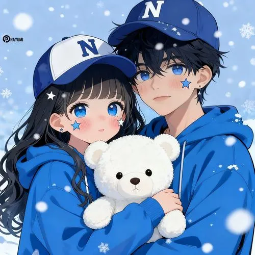 Cặp chibi mùa đông tông xanh, ôm gấu bông, nhìn là muốn rủ nhau đi chơi.