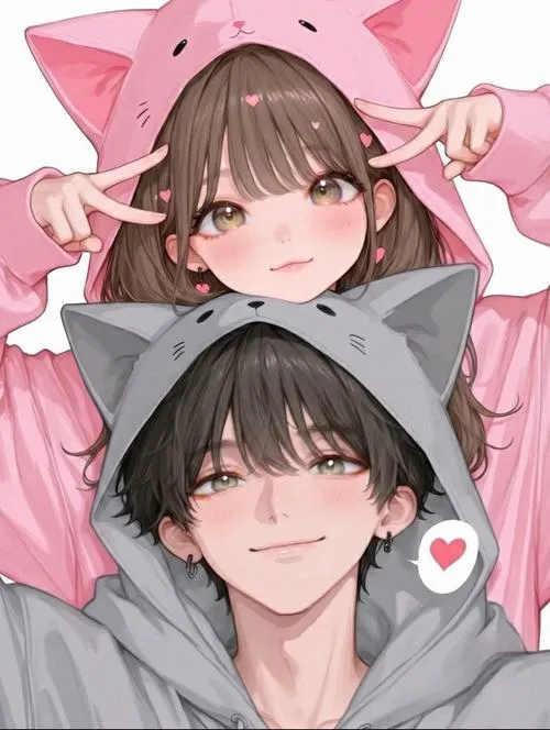 Chibi nàng đội nơ tai mèo, chàng trùm áo xám, ánh mắt dịu, vibe dỗ dành.