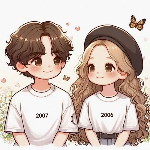 Chibi đôi áo trắng đơn giản, đứng cạnh nhau có bướm bay, cảm giác trong lành, yên.