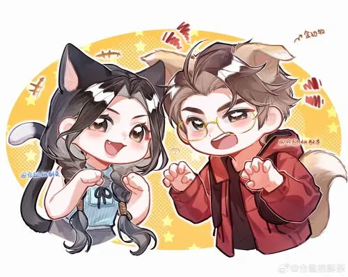 Chibi đôi trong khung tròn rực rỡ, biểu cảm vui nhộn, hợp làm avatar kỷ niệm.