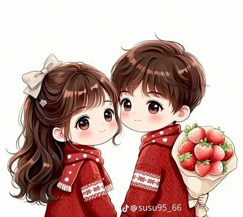 Chibi đôi mặc đồ đỏ, ôm giỏ dâu, vibe ngọt như quà tặng ngày đặc biệt.