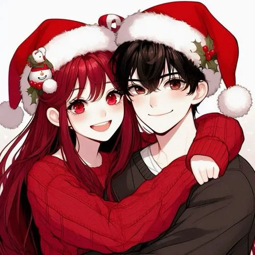 Cặp chibi Noel ôm sát, khăn mũ đỏ nổi bật, cảm giác ấm áp giữa mùa lạnh.
