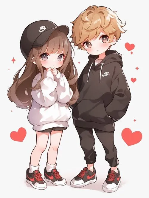 Chibi đôi dạo chơi, tim bay quanh, dáng đứng thân mật, nhìn là biết đang thích nhau.