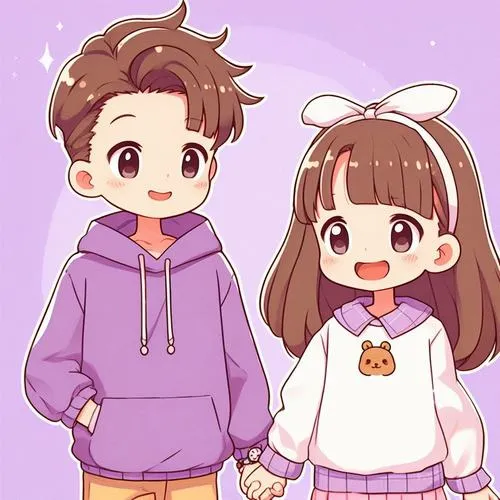 Chibi cặp đôi áo hoodie tím, đứng sát, nét vẽ tròn trịa, vibe bình yên hằng ngày.