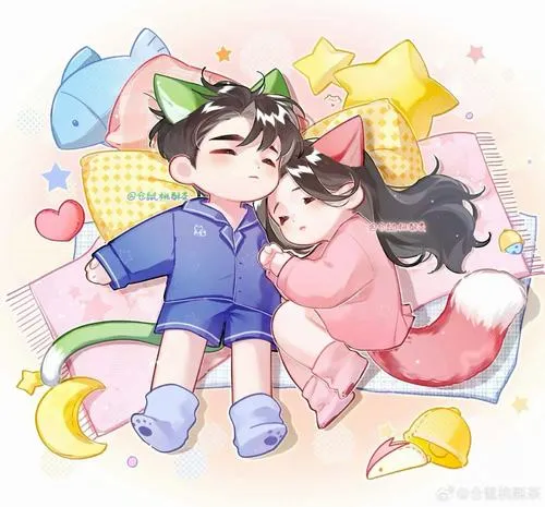 Chibi đôi nằm cạnh nhau, gối sao và kẹo ngọt, cảm giác yêu nhau như mơ.