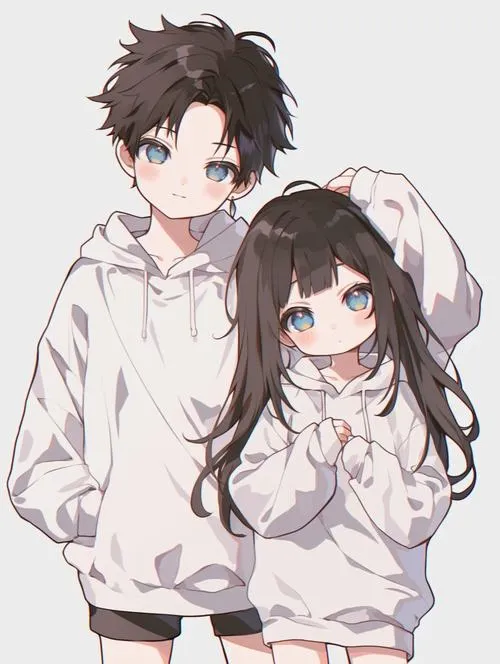 Chibi cặp đôi áo trắng rộng, đứng nép nhau, tông xám nhẹ, vibe thanh lịch tối giản.