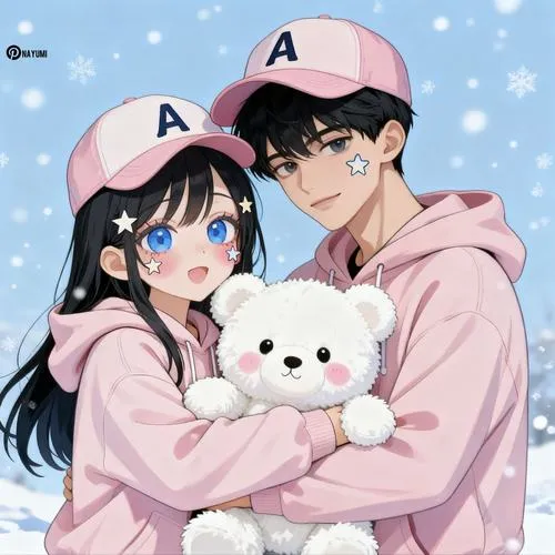 Chibi đôi ôm gấu bông giữa nền tuyết, áo hồng xanh, vibe mùa đông ngọt lịm.