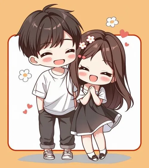 Chibi đôi đứng cạnh, hoa nhỏ bay quanh, cảm giác đơn giản mà thương nhau thật lòng.