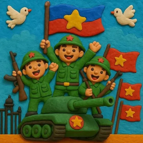 Hình nhóm thiếu nhi và bộ đội chibi trên xe tăng, tay vẫy cờ, không khí lễ hội.