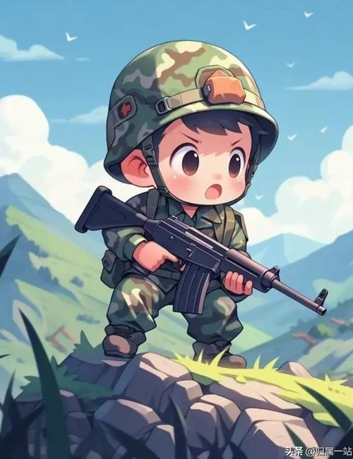 Ảnh chiến sĩ chibi mang súng, đứng trên núi, trời xanh làm bật chất can trường.