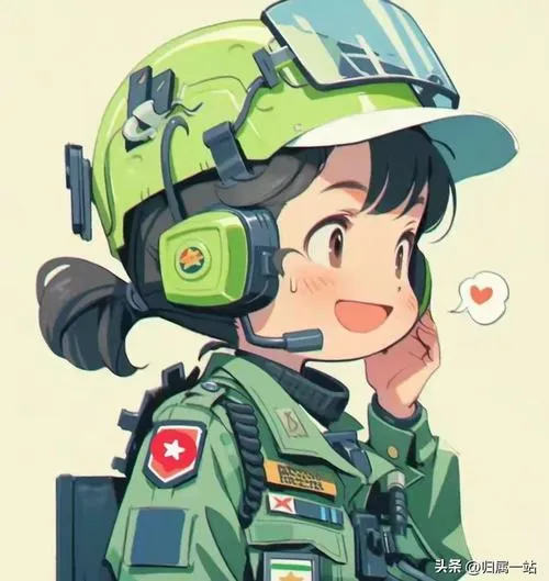 Khung nữ chiến sĩ chibi đeo tai nghe liên lạc, má ửng hồng, vibe dễ thương hiện đại.