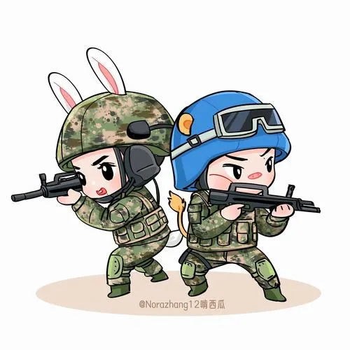 Minh họa hai chiến sĩ chibi tác chiến, trang bị gọn, tạo dáng ăn ý như đồng đội thân.