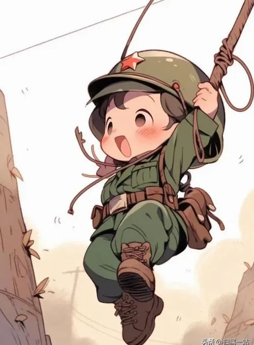 Tranh chiến sĩ chibi leo dây, động tác dứt khoát, nền đất đá gợi luyện tập gian khổ.
