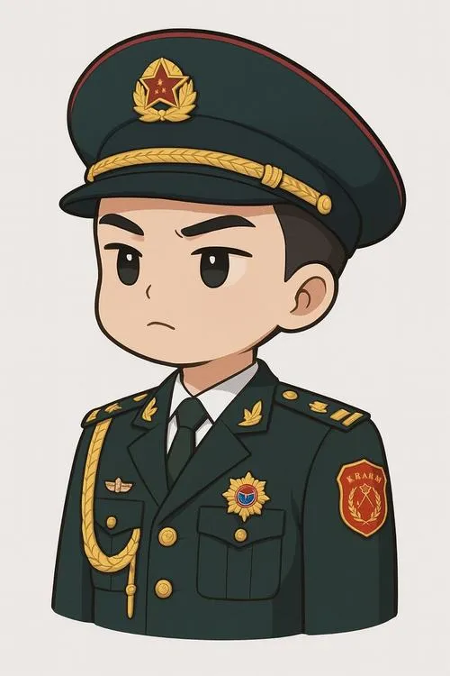 Poster chân dung sĩ quan chibi nghiêm nghị, quân phục chỉnh tề, nhấn mạnh kỷ luật quân đội.