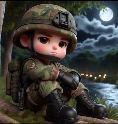 Minh cảnh chiến sĩ chibi ngồi nghỉ trong đêm, balo sau lưng, ánh trăng làm cảnh sâu.