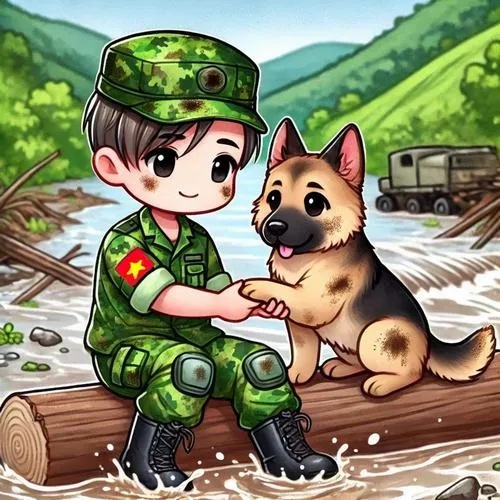 Ảnh chú bộ đội chibi ngồi bên chú chó, nền rừng suối tạo cảm giác bình yên.
