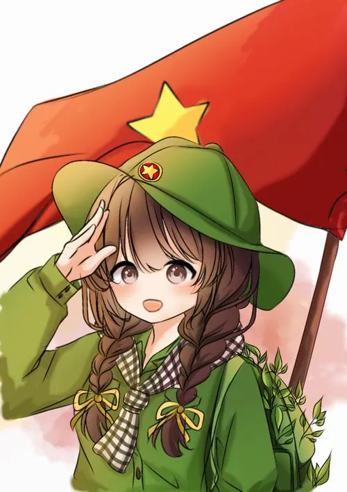 Minh họa nữ bộ đội chibi giơ tay chào cờ, lá cờ đỏ sao vàng bay nổi bật.