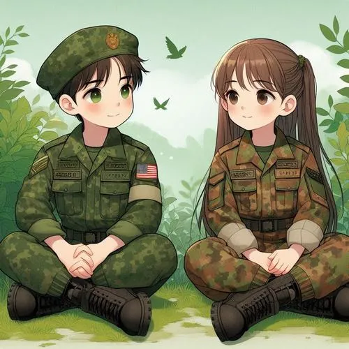 Tranh hai chiến sĩ chibi ngồi cạnh nhau, sắc xanh quân phục dịu, vibe đồng đội ấm áp.