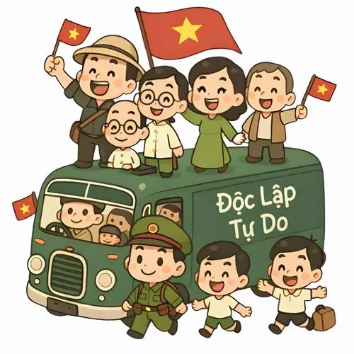 Tấm hình nhóm bạn nhỏ và bộ đội chibi mừng độc lập tự do, cờ đỏ rộn ràng.