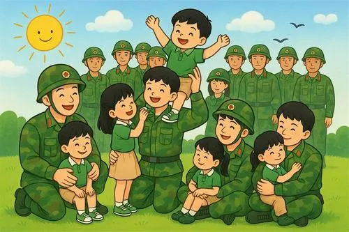 Bức ảnh tập thể bộ đội chibi chụp hình kỷ niệm, nắng vàng và nụ cười rất thân thiện.