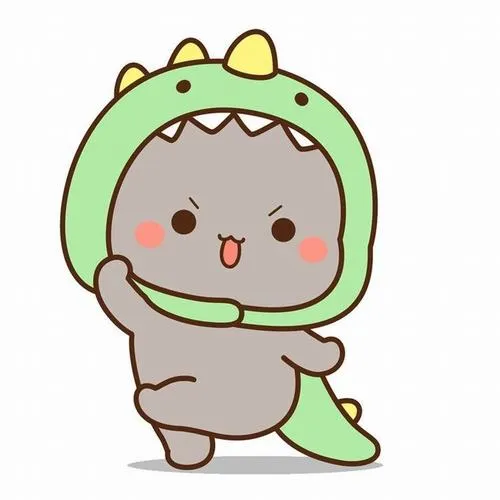 Khủng long xanh trùm áo, miệng cười, má đỏ, dáng nhún nhảy, nhìn vui cả ngày.