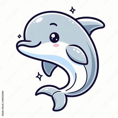 Cá heo xanh mỉm cười, thân cong tròn, điểm sao lấp lánh, vibe đại dương dễ chịu.