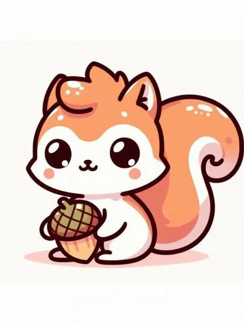Sóc đỏ ôm hạt dẻ, đuôi bông xù, mắt sáng, hợp làm icon dễ thương mỗi ngày.
