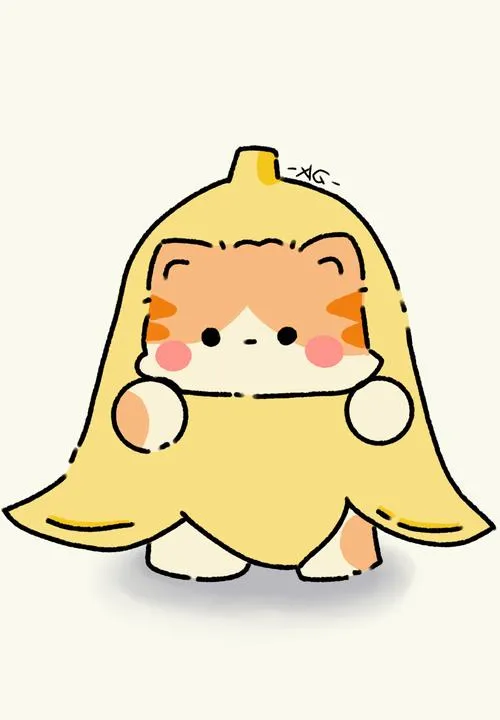 Nhân vật vàng trùm vỏ chuối, mặt bé xíu, dáng co ro, vibe đáng yêu hơi ngại.