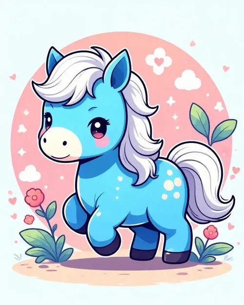 Kỳ lân xanh mắt to, bờm tím bồng bềnh, đứng giữa hoa lá, vibe cổ tích nhẹ nhàng.