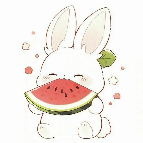 Thỏ trắng ôm miếng dưa hấu, tai dựng, nền sáng, vibe mùa hè ngọt mát.