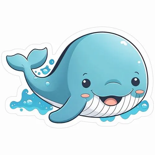 Cá voi xanh phun nước, thân tròn mũm, nụ cười hiền, gợi cảm giác biển cả êm.