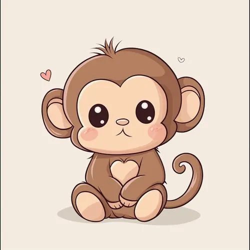 Khỉ con ngồi thu mình, mắt buồn nhẹ, nền be dịu, hợp ảnh chibi tâm trạng.