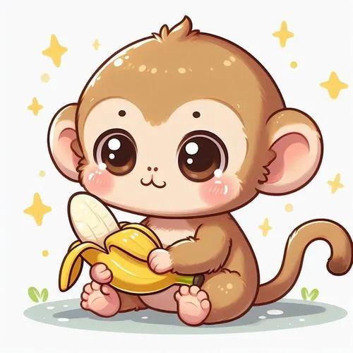 Khỉ con ôm trái chuối, má hồng đáng yêu, nền vàng lấp lánh, nhìn là muốn lưu ngay.