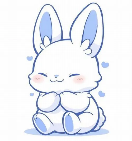 Thỏ xanh nhạt ngồi chắp tay, mắt nhắm cười, vibe bình an như thiền nhẹ.