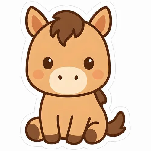 Ngựa nâu chibi bờm nhỏ, mắt tròn, dáng ngồi ngoan, hợp bộ ảnh thú cưng.