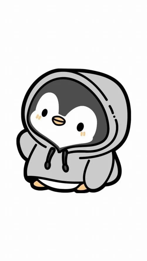 Chim cánh cụt trùm áo xám, mặt buồn buồn, vibe lạnh nhẹ, hợp sticker tâm trạng.