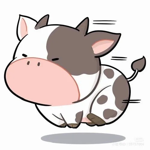 Bò chibi thân tròn, đốm đen trắng, chạy nghiêng nghiêng, vibe đồng quê vui nhộn.