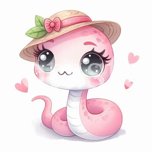 Rắn hồng đội mũ, mắt to lấp lánh, tim bay quanh, vibe ngọt ngào kiểu chibi.