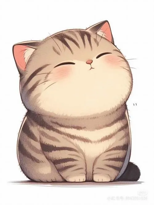 Mèo mập nằm cuộn, mắt nhắm cười, sọc vằn mềm, cảm giác bình yên như ngủ trưa.