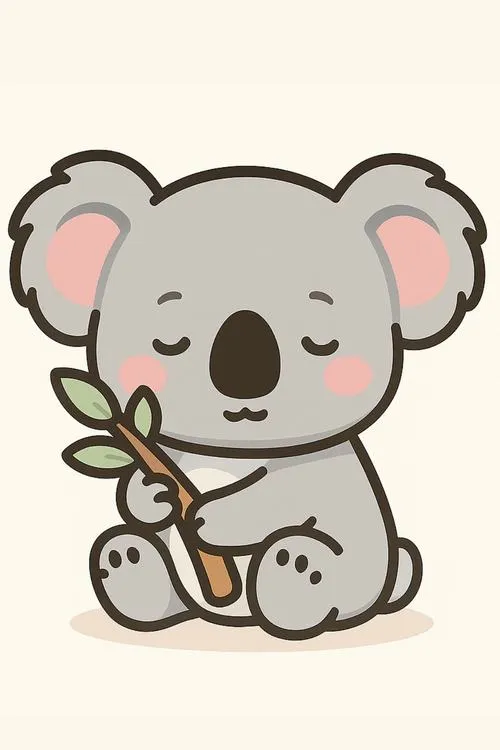 Gấu koala ôm cành lá, dáng ngồi ngoan, tông xám dịu, hợp sticker nhắn tin.