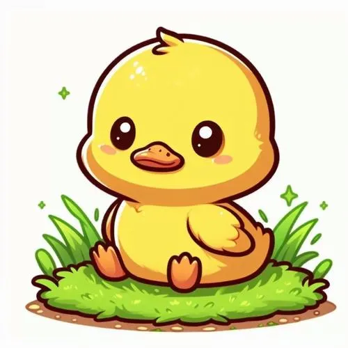 Vịt con vàng ngồi trên cỏ, mắt long lanh, má ửng hồng, nhìn vui như nắng sớm.