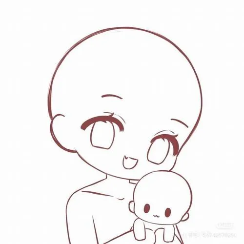 Chibi nửa thân bế em bé, tóc và mắt tối giản, hợp luyện cảm giác ấm áp.
