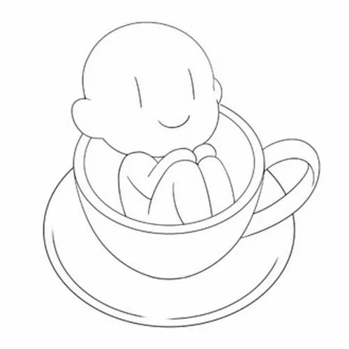 Chibi nằm trong tách trà, đường viền mượt, luyện khối tròn và bố cục gọn.