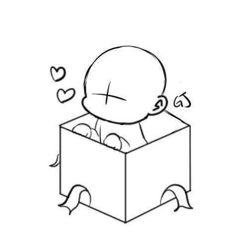 Chibi chui trong thùng giấy, tim bay lơ lửng, ý tưởng sticker dễ vẽ.