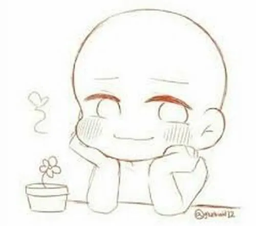 Mặt chibi má ửng hồng, chống cằm nhìn mơ, cạnh bên có chậu cây nhỏ.