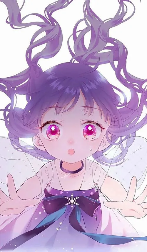 Hình chibi tông tím dịu nhẹ với mái tóc bồng bềnh, ánh mắt trong veo mang cảm giác mơ mộng