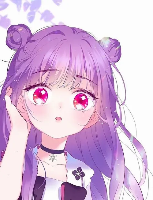 Hình chibi tóc tím dài, ánh nhìn trong trẻo gợi sự ngây thơ và cảm xúc nhẹ