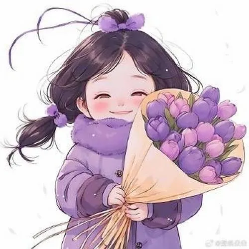 Ảnh chibi màu tím ôm bó hoa nhỏ, truyền tải cảm giác ấm áp và dịu dàng