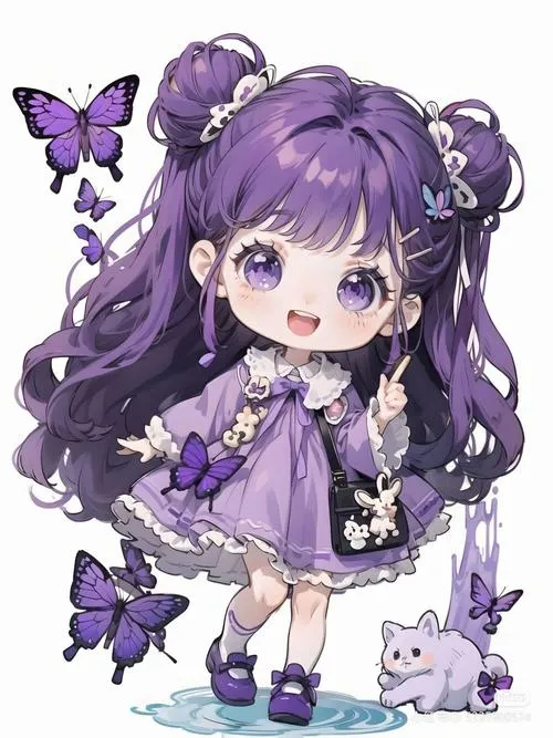 Ảnh chibi màu tím phong cách búp bê, trang phục đáng yêu tạo ấn tượng ngọt ngào và tinh tế